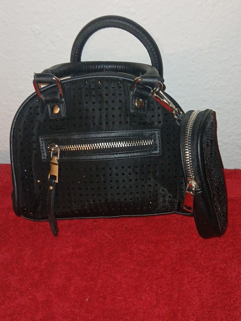 Black Perforated Dome Satchel Handbag with Coin Pouch